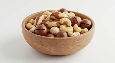 木のボウルに盛られた様々な栄養満点ナッツ 明るい自然光が素材の風味と豊かな色合いを引き出す. AI Generated