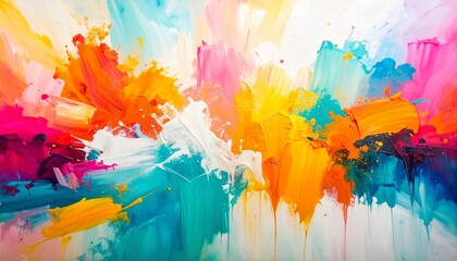 Abstract Painting with Dynamic Brushstrokes in Pink, Red, Orange, Yellow, Turquoise, Blue, and White