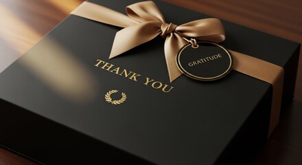 THANK YOU GRATITUDEのメッセージが輝く黒いギフトボックス 金色のリボンと暖かな光が感謝を優雅に伝える特別な贈り物. AI Generated