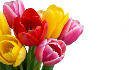 鮮やかな色とりどりのチューリップが白い背景に映え明るい光の中で咲き誇る美しい春の花束. AI Generated