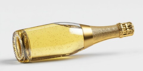 A tilted champagne bottle, filled with bubbly golden liquid, against a clean white backdrop
