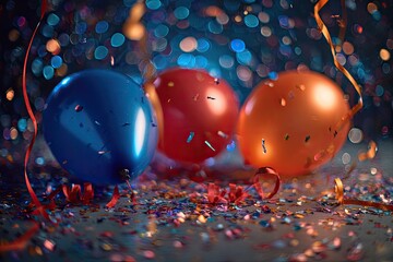 Three colorful balloons with ribbons and confetti against a bokeh background, festive scene