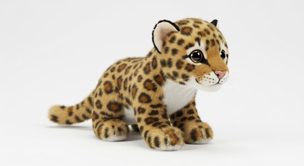 Fototapeta premium 可愛らしい子豹のぬいぐるみふんわりとした毛並みと斑点模様が魅力的明るく清潔な白背景で優しく輝くような表情. AI Generated
