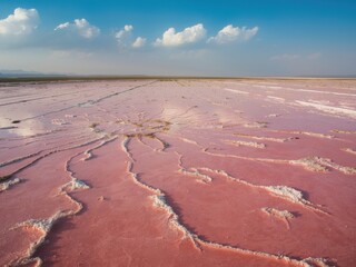 Vast pink salt flats under blue sky