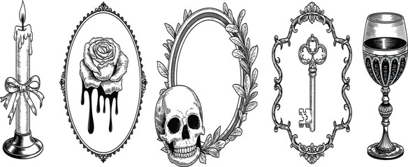 Gothic and Victorian ornamental hand drawn vector set, vintage candle, ornate frames, skull, skeleton key, and wine goblet