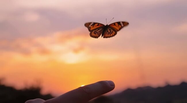 Butterfly Resting on Finger Tip Against Golden Sunset Sky. Butterfly resting finger tip hand touch freedom inspiration nature concept hope serenity golden sunset sunrise silhouette sky background
