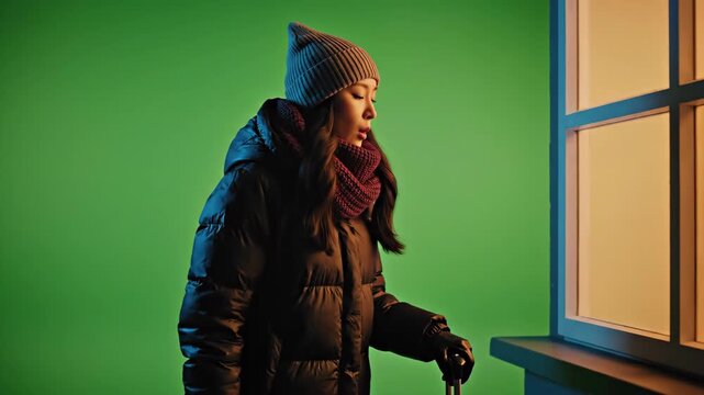 Young woman in a puffer jacket stands by a glowing window, shot dramatically on a green screen studio for a chinese celebration concept.