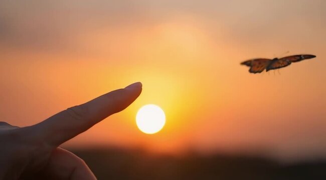 Butterfly Resting on Finger Tip Against Golden Sunset Sky. Butterfly resting finger tip hand touch freedom inspiration nature concept hope serenity golden sunset sunrise silhouette sky background