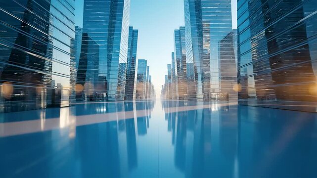 Ultra modern glass city interior with reflective floor and towering blue skyscrapers under soft daylight creating serene high tech utopia
