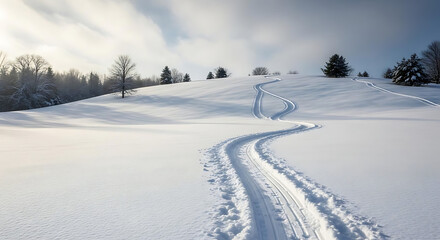 A serene snowy landscape with winding ski tracks leading up a hill