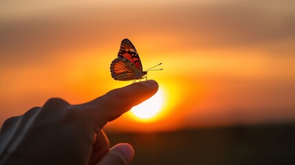Butterfly Resting on Finger Tip Against Golden Sunset Sky. Butterfly resting finger tip hand touch freedom inspiration nature concept hope serenity golden sunset sunrise silhouette sky background