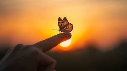 Butterfly Resting on Finger Tip Against Golden Sunset Sky. Butterfly resting finger tip hand touch freedom inspiration nature concept hope serenity golden sunset sunrise silhouette sky background