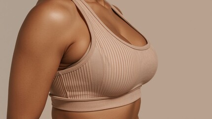 female breast in beige ribbed sporty top closeup side view. Large boobs size after plastic surgery of implants. Supporting sportswear. Concept of cancer control. Toned breasts of an athletic woman