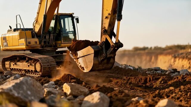 Close medium shot of an excavator maneuvering on rough terrain highlighting versatility and suitability for diverse construction environments.