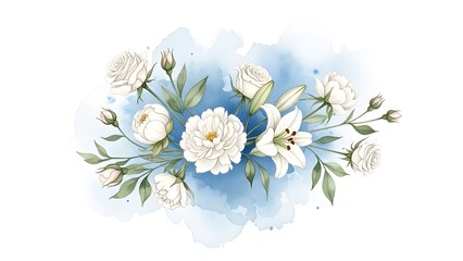 An elegant white flower arrangement with a touch of blue watercolor, creating a soft and romantic impression.