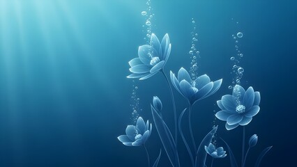 A transparent blue flower illustration with water bubbles, bringing a calm and futuristic feel.