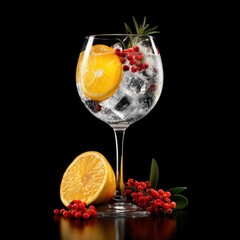 Cocktail with orange, red berries, rosemary, and ice cubes in a wine glass, black backdrop