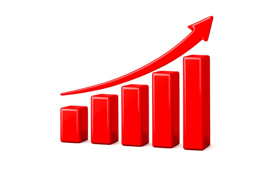 Dynamic red 3D growth arrow icon pointing upward, isolated on clean white background for design use.