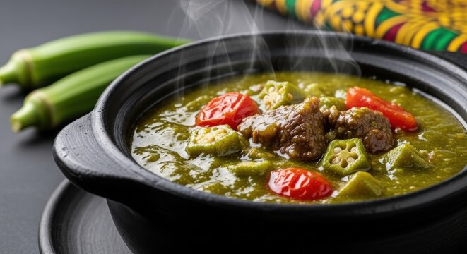Vibrant Ivorian Sauce Gombo - Slimy Okra Stew with Beef in Traditional Black Clay Pot featuring Senufo Textile and Copy Space