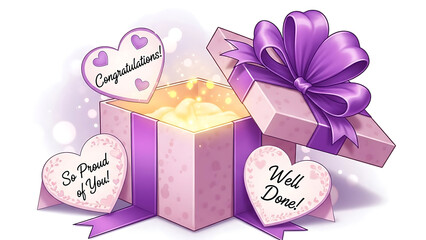 Open gift box with congratulatory messages