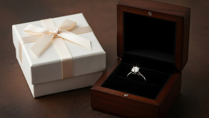 Engagement ring in wooden box with gift wrap
