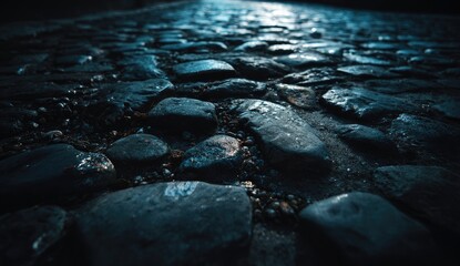 Close-up of cobblestone street bathed in moody blue light, leading to distant horizon