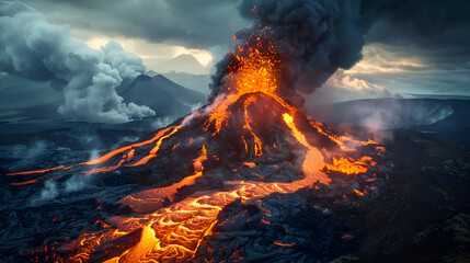 Dramatic volcanic eruption with glowing lava rivers and ash clouds