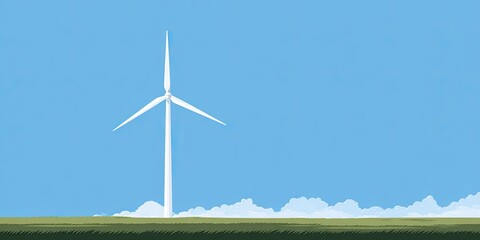 Fototapeta premium A simple illustration of a wind turbine standing on a grassy field under a bright blue sky