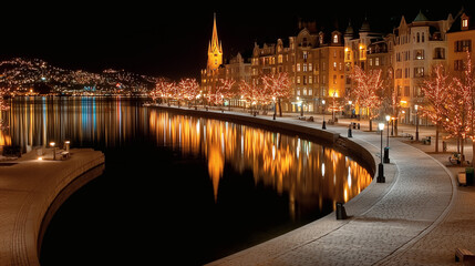 Naklejka premium Festive waterfront city promenade at night with Christmas lights and reflections