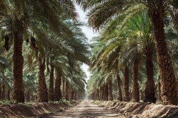 A dirt road lined with towering palm trees under a bright sky