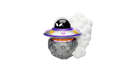 Cartoon UFO hovering over a moon with white smoke