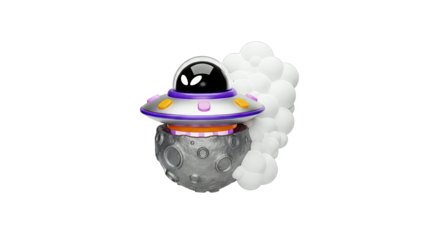 Cartoon UFO hovering over a moon with white smoke