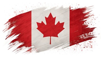 National Flag of Canada Day The Canadian flag with a red maple leaf on a white background with red brush strokes