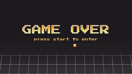 Retro game over screen with pixel theme and press start to enter text, on grid line floor black background - Powered by Adobe