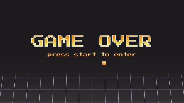 Retro game over screen with pixel theme and press start to enter text, on grid line floor black background