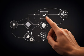 Hand touching flowchart with checkmark and icons process