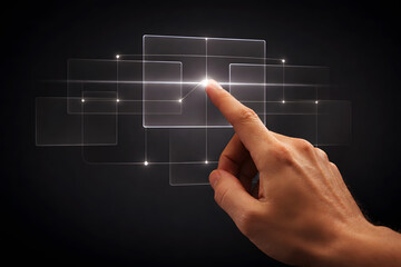Finger touching glowing squares in digital grid technology