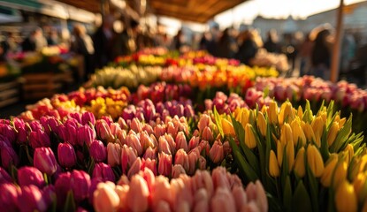 Close-up view of brightly colored tulips at a market stall, soft focus background