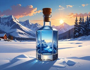 A glass bottle with a cork displays a mountain landscape with sun rising. It sits in the snow, snowy mountains in the background