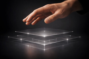 Hand above stacked digital layers with grid image photo