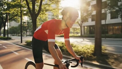 Cyclist riding through modern city streets in red jersey