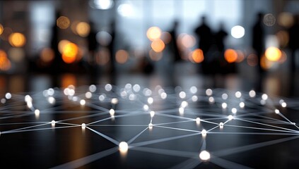 Abstract network of glowing nodes and lines connects in a blurred corporate setting