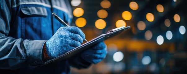 Worker in blue overalls and gloves records notes on a clipboard