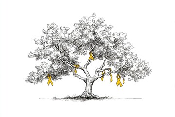 Black and white drawing of a large tree with yellow ribbons tied on its branches