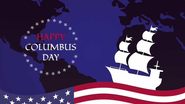 Columbus Day animation, waves and old marine navy ship, USA flag color combination, celebrates Christopher Columbus discovering America