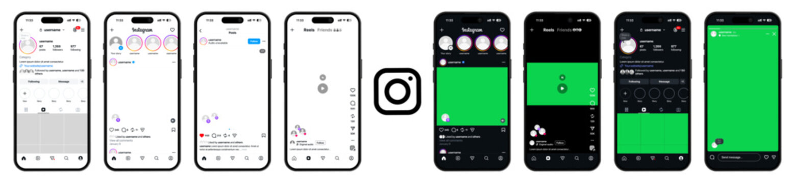 Instagram UI mockup template showing post, story, and reels on mobile screen layout, dark and light mode, transparent background for high-quality UI preview and 2026 new year design.