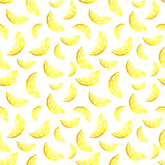 Fototapeta premium Hand-drawn seamless pattern with bright yellow lemon slices made with markers. Perfect for summer prints, textiles, packaging, wrapping paper, kitchen decor and fruit-themed designs.