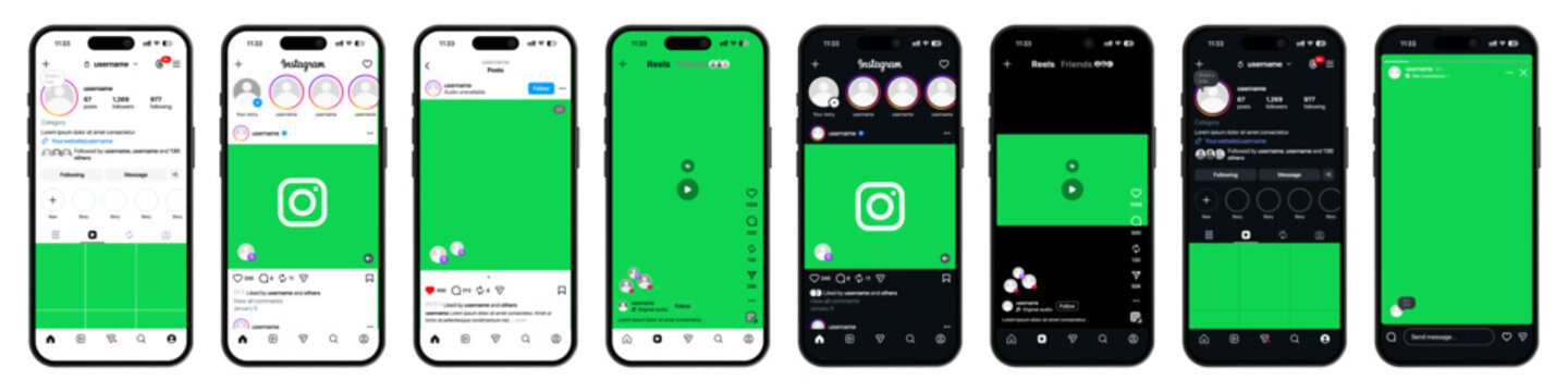 Instagram UI mockup template showing post, story, and reels on mobile screen layout, dark and light mode, transparent background for high-quality UI preview and 2026 new year design.
