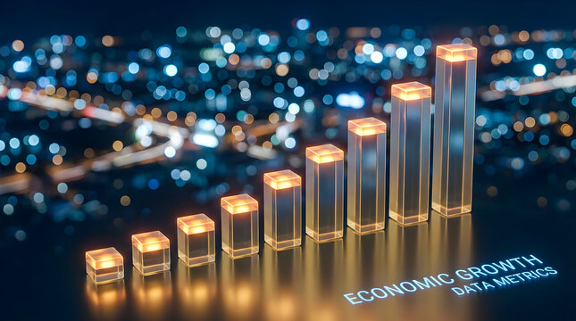  image depicts a glowing bar chart of economic growth in a cityscape at night, with blurred city lights in the background. - Powered by Adobe