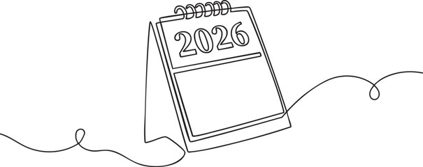 Continuous line drawing of a 2026 desk calendar symbolizing future planning and organization perfect for business or personal use